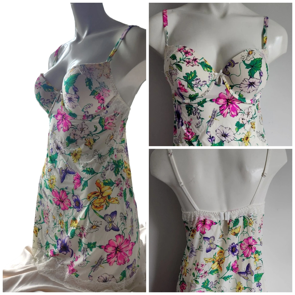 Y2k Victorias Secret Slip Dress 34C Lace Trim Pad Bra Floral Butterflies Nightie